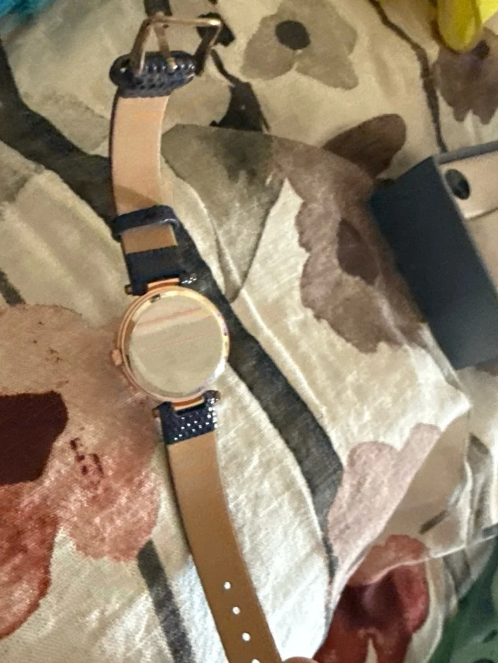 Rose Gold Case Navy Leather Strap Watch with Crystal Accents